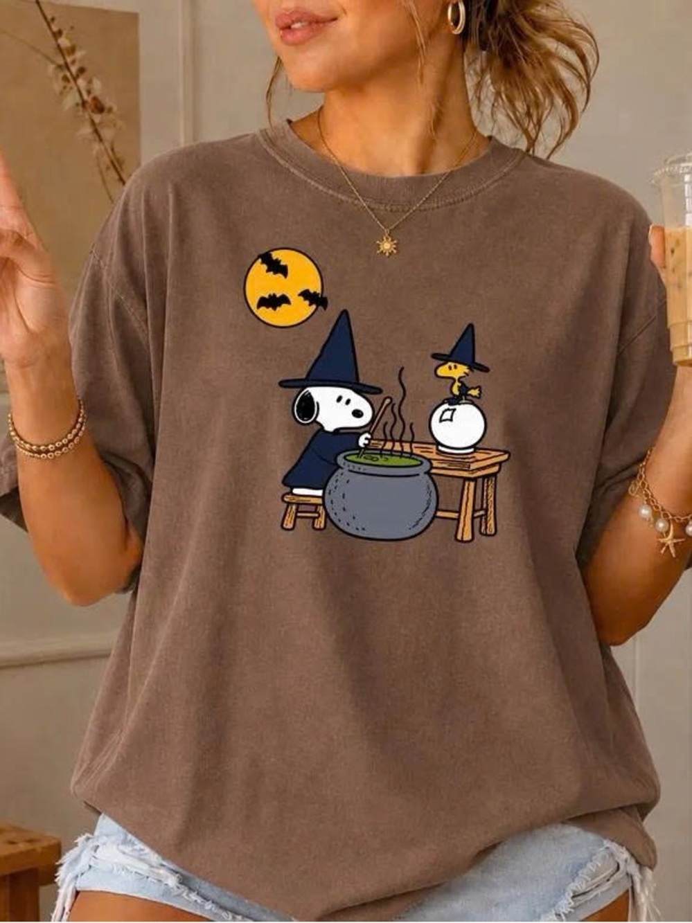 Gildan Brown Short Sleeve Tee with Witchy Cartoon Snoopy